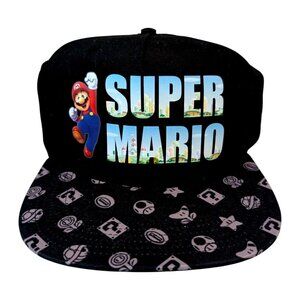 Super Mario Youth OSFM Black Baseball Cap With Iconic Printed Brim And Adjustabl